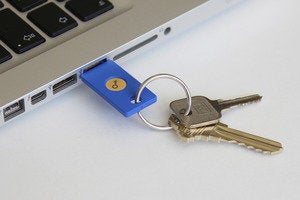 security key by yubico in usb port on keychain
